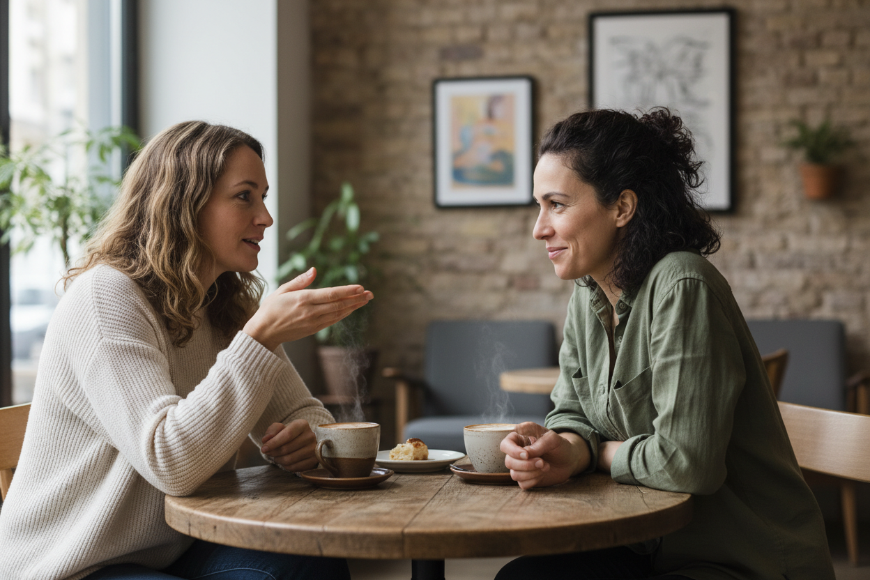 no. same ages. Make it feel like an engaging conversation that both are content to be in. They enjoy each other's company